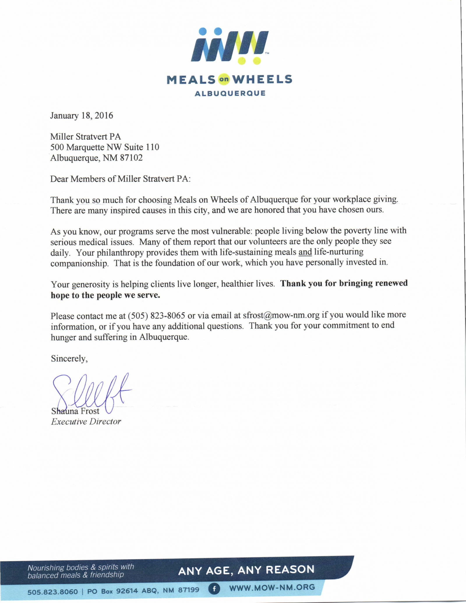 Miller Stratvert Chooses Meals on Wheels for our Workplace Giving
