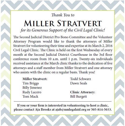 Thank You to Miller Stratvert for Its Generous Support of the Civil Legal Clinic!